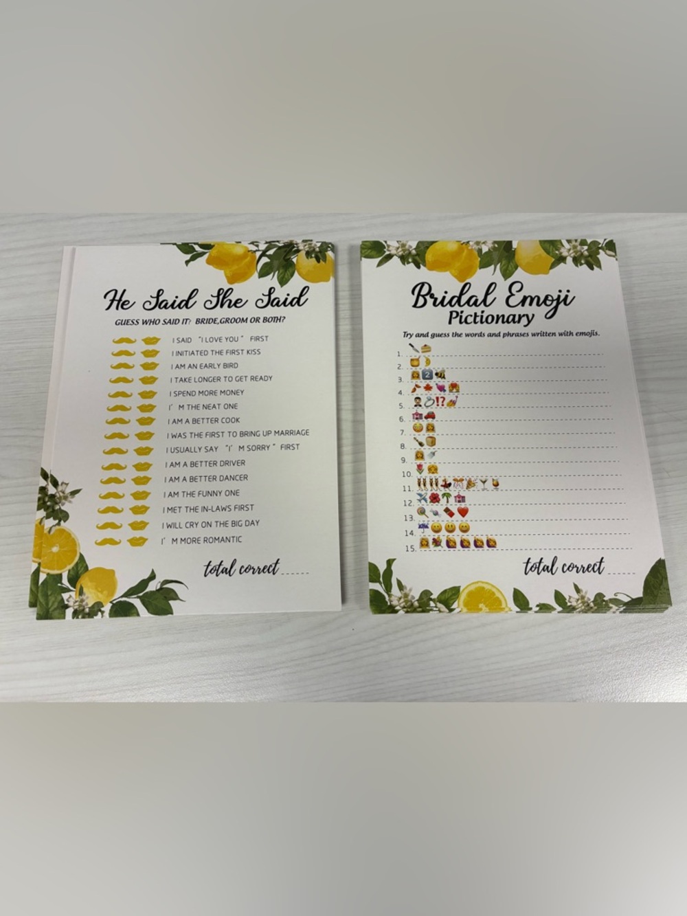 Lemon Floral Bridal Game Cards - Set of 2